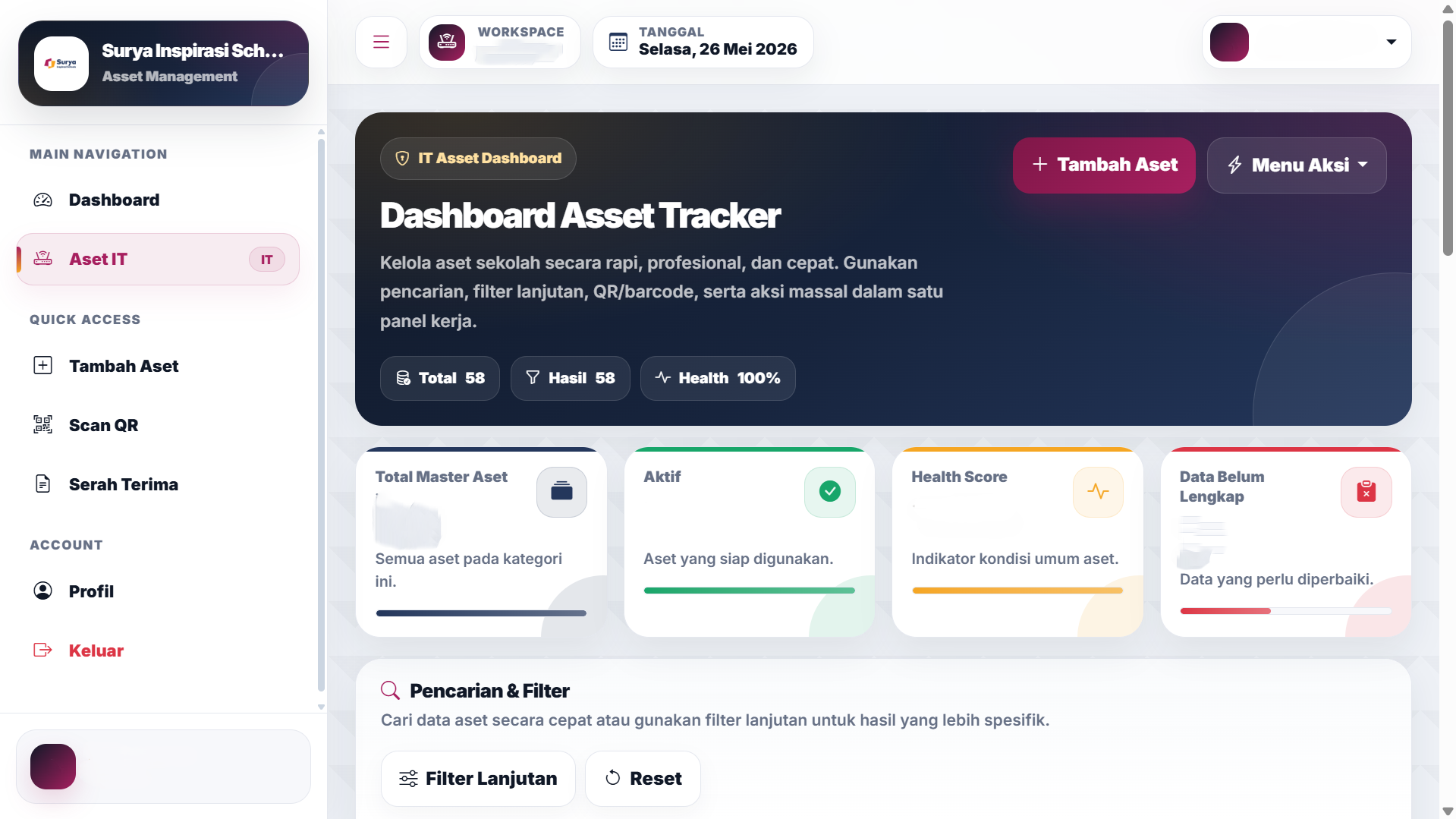 School asset list screenshot