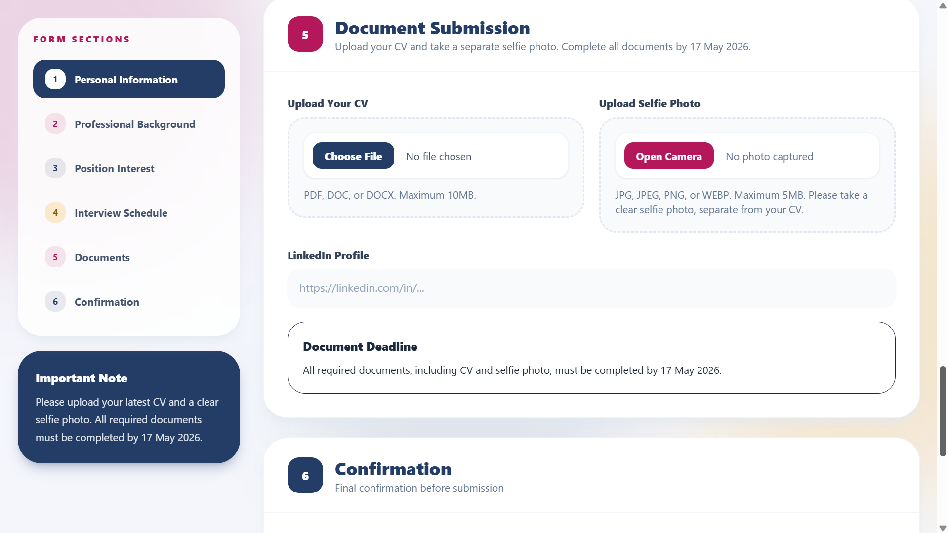 Career recruitment website applicant form screenshot