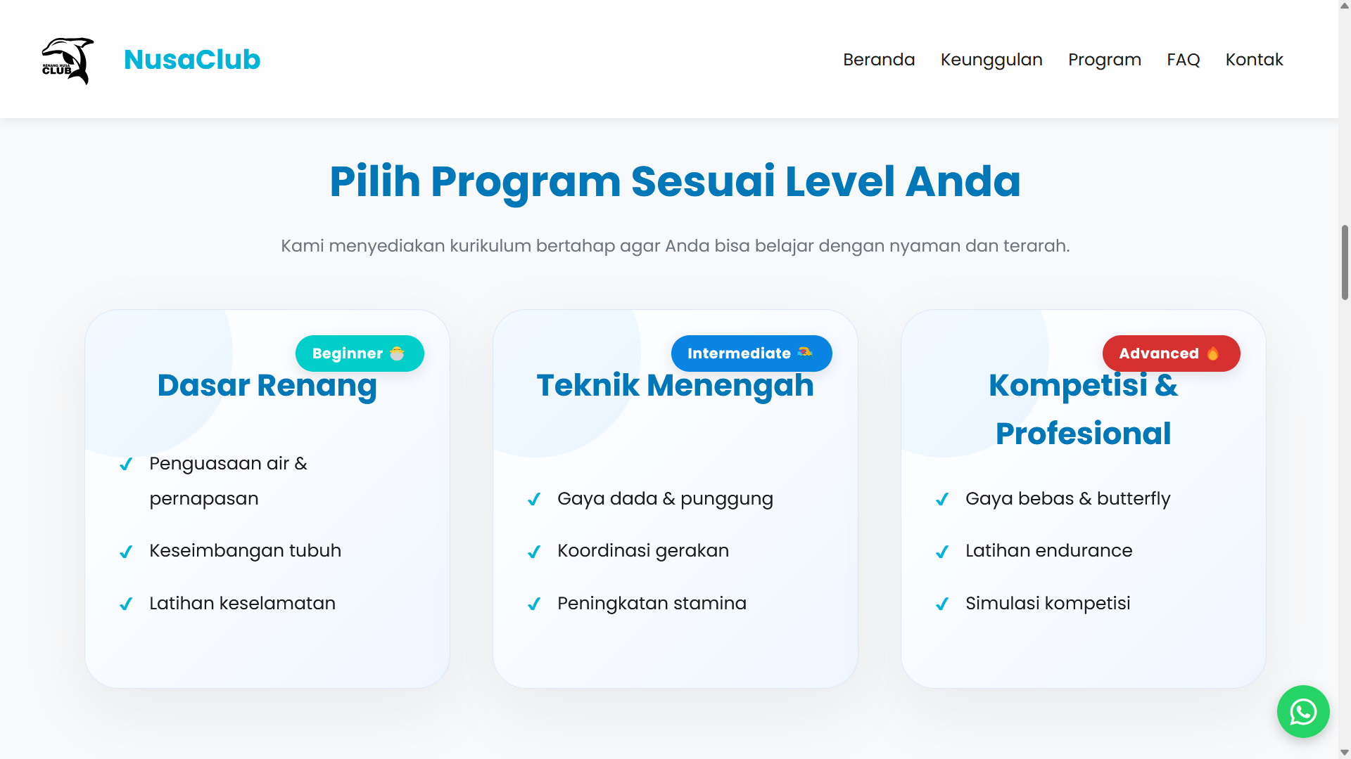 Swimming course landing page screenshot